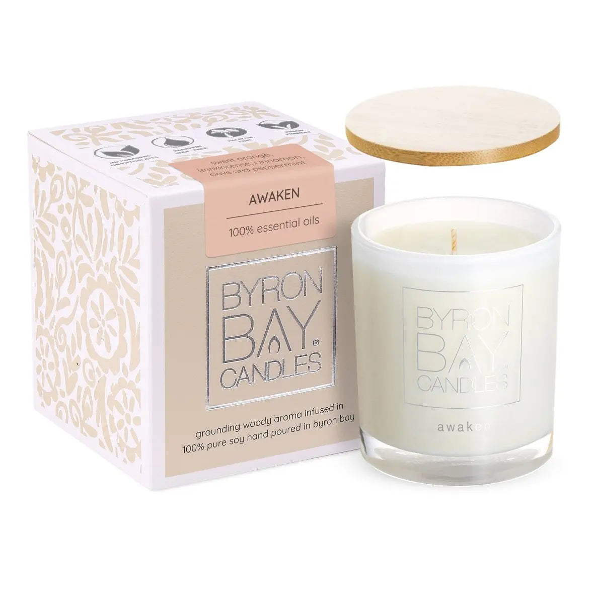 Awaken (pure essential oils of frankincense, orange, cinnamon, clove, peppermint) - Medium 30 Hour Pure Soy Candle